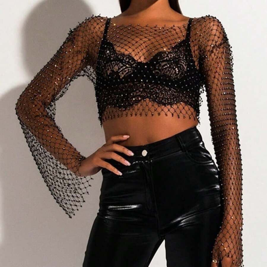 Long Sleeve Rhinestone Mesh Crop Top - Black - View 1