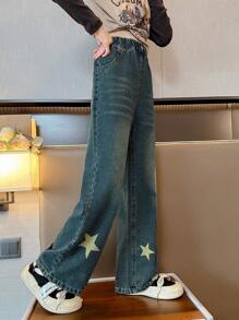 Tween Girl 五角星图案牛仔裤阔腿裤，春秋款 1 件 - 藍色 - 查看 2