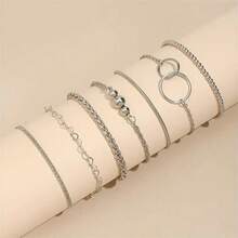 7pcs/set Fashionable European And American Style Hip-hop Simple Geometric Shape Chain, Metallic Beaded Bracelet - Silver - View 2