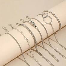 7pcs/set Fashionable European And American Style Hip-hop Simple Geometric Shape Chain, Metallic Beaded Bracelet - Silver - View 3