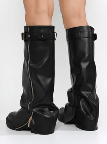 Women's Mid Calf Platform Boots With Fold Over Ruched Design, Chunky Heel, Round Toe, Wide Calf Pull On Style, Y2K Inspired Booties For Daily Wear And Parties - 黑色 - 查看 6