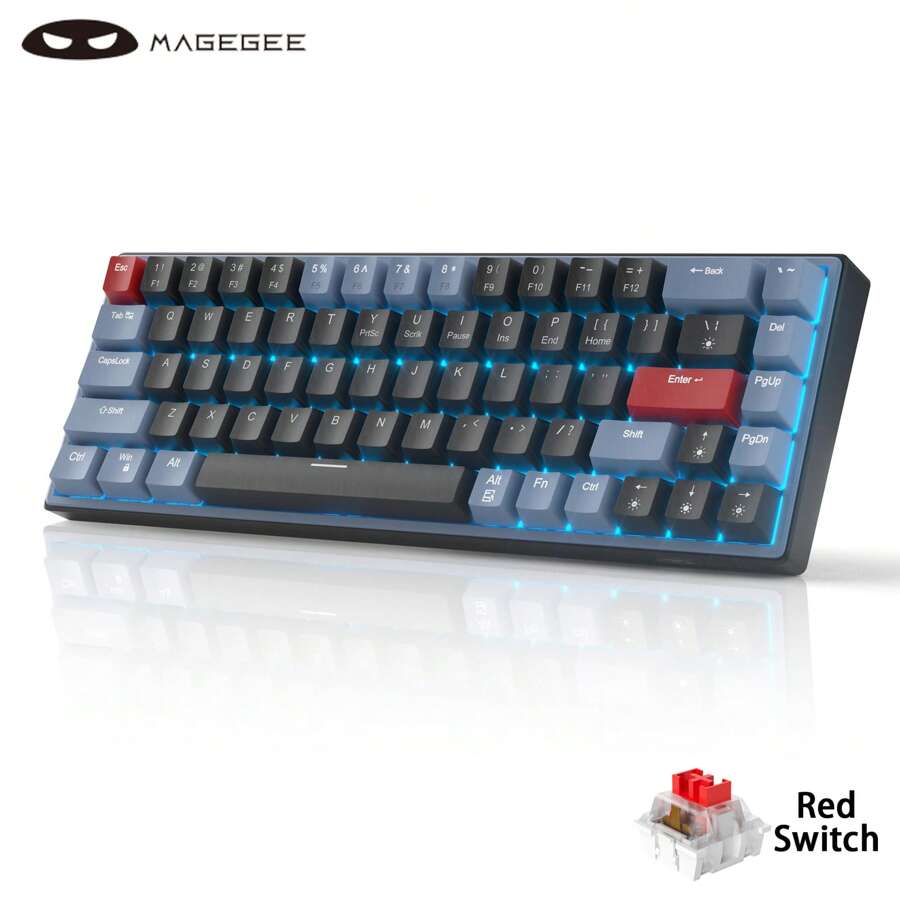 MageGee MK-Sky 65% Layout Hot Swappable Mechanical Keyboard Wired Gaming Keyboard Hot Swappable 68 Keys LED Backlight Mini Compact Keyboards for Laptop Windows PC Gamer Blue Black-Red Switch