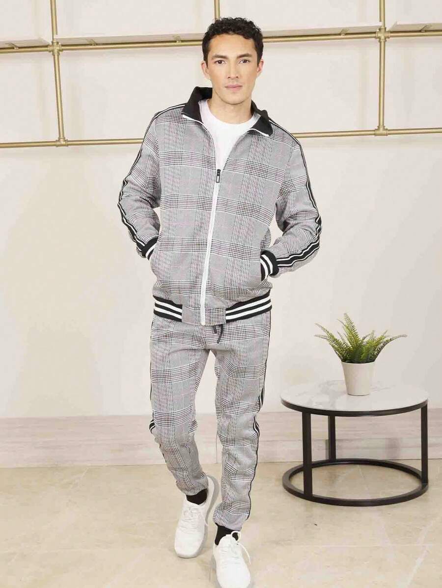 Men's 2-Piece Plaid Bomber Jacket And Pants With Pockets Set