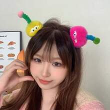 1 件裝女裝原創大眼睛扭髮夾彩色毛絨髮夾,秋冬新款,甜美可愛新奇有趣的絨球卡通髮飾,派對/休閒裝 - 玫紅色 - 查看 5