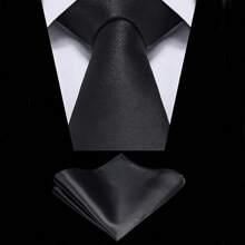 1 套男士纯色 3.15 英寸领带和口袋巾套装、缎面领带手帕套装、商务领带 - 黑色 - 查看 2