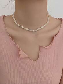 1pc High-End & Simple & Minimalist Design Lock Necklace With Woven Style Featuring & Faux Pearl Pendants - White - View 1