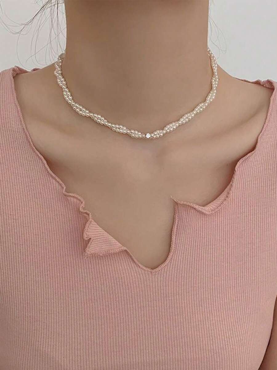 1pc High-End & Simple & Minimalist Design Lock Necklace With Woven Style Featuring & Faux Pearl Pendants - White - View 1