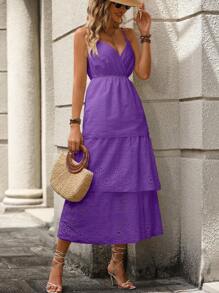 Vestido feminino longo importado lese em viscose de alça regulável no decote V e saia em camadas com detalhe de gripir na cintura - Roxo - Visão 5