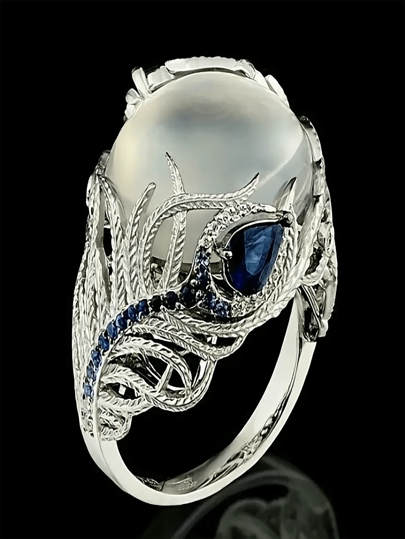Unique Flower Rings Unique Flower Ring Featuring Moonstone, Deep Blue Sapphire, And Cubic ...