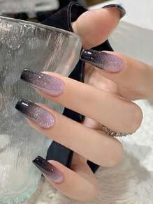 使用 24 件套长芭蕾造型时尚、简约、猫眼、紫色渐变、闪亮全覆盖指甲套装提升您的外观，适合派对、舞会、度假、日常穿着 - 彩色 - 查看 1