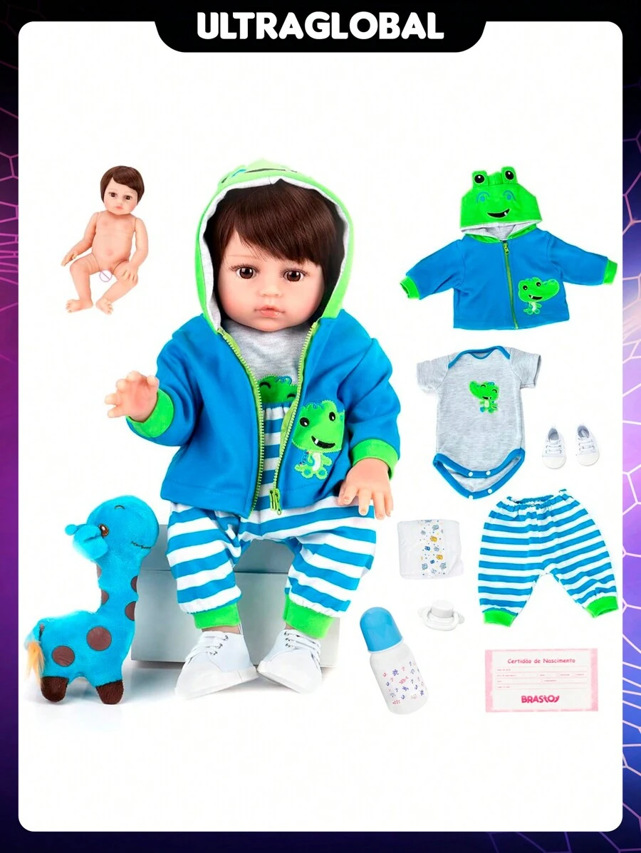 Bebê Reborn Brastoy Boneco Girafinha 48cm 100% Silicone Com Pelúcia Roupas e Acessórios Completo
