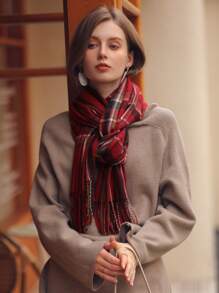 1 件女款超大格子栗色流蘇圍巾披肩適合日常穿著,復古,保暖,簡約時尚,加厚 - 彩色 - 查看 2