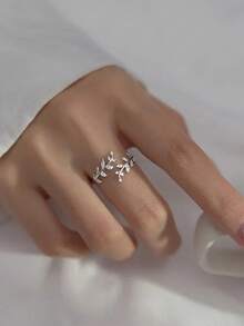 1pc Chic Zirconia & Rhinestone Decor Leaf & Branch Shaped Adjustable Open Ring For Women With Opening Design On One Side - Yellow Gold - View 3