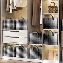 1 件黑色和白色千鳥格鋼框籃和花卉印花織物收納盒,適合衣服和褲子,可折疊 - 黑與白 - 查看 4