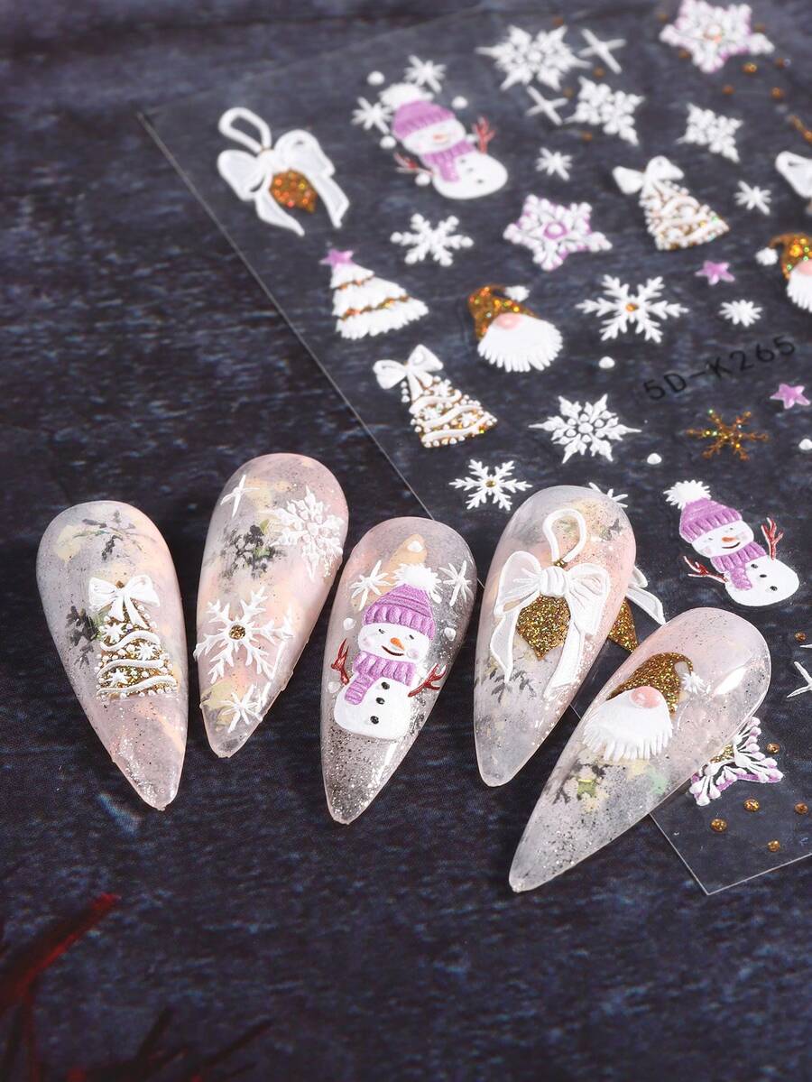 1片5d浮雕聖誕指甲藝術貼紙,閃爍金色gonks樹,雪人,雪花貼花,適用於指甲裝飾,假日美甲用品,女性女孩朋友贈品 - 彩色 - 查看 1