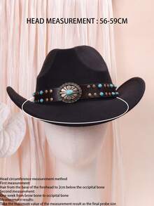 1件套女性黑色毛毡pu皮革鑲嵌古典鉚釘藍寶石波西米亞時尚歐美西部牛仔帽英式帽適用於假日派對,旅遊和日常使用