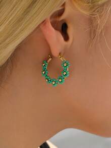 1對甜美波西米亞風格手工編織花卉設計復古圈形耳環,女性休閒、約會、贈品、節日皆適用