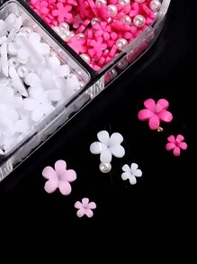 混合花朵美甲水钻，6格粉白花朵闪亮可爱Y2K美甲装饰3D花朵水钻仿珍珠美甲饰品DIY美甲沙龙美甲用品美甲宝石美甲 - 彩色 - 查看 3