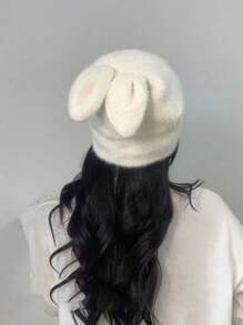 1pc Women's Cute Rabbit Ear Plush Knitted Hat, Suitable For Daily Use - White - View 2