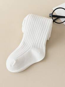 1pair Toddler Girls' Plain Vertical Stripe Basic Stockings - White - View 2