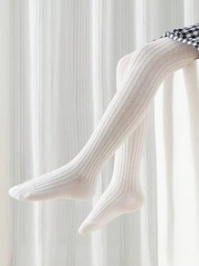 1pair Toddler Girls' Plain Vertical Stripe Basic Stockings - White - View 3