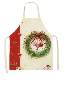 1pc Christmas Theme Linen Apron - White - View 1