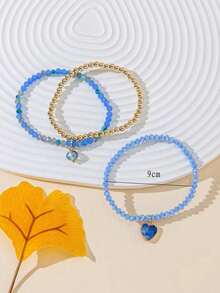 2pcs/set Women's Crystal Heart Beaded Multi-layer Bracelet With Pendant - Navy Blue - View 4