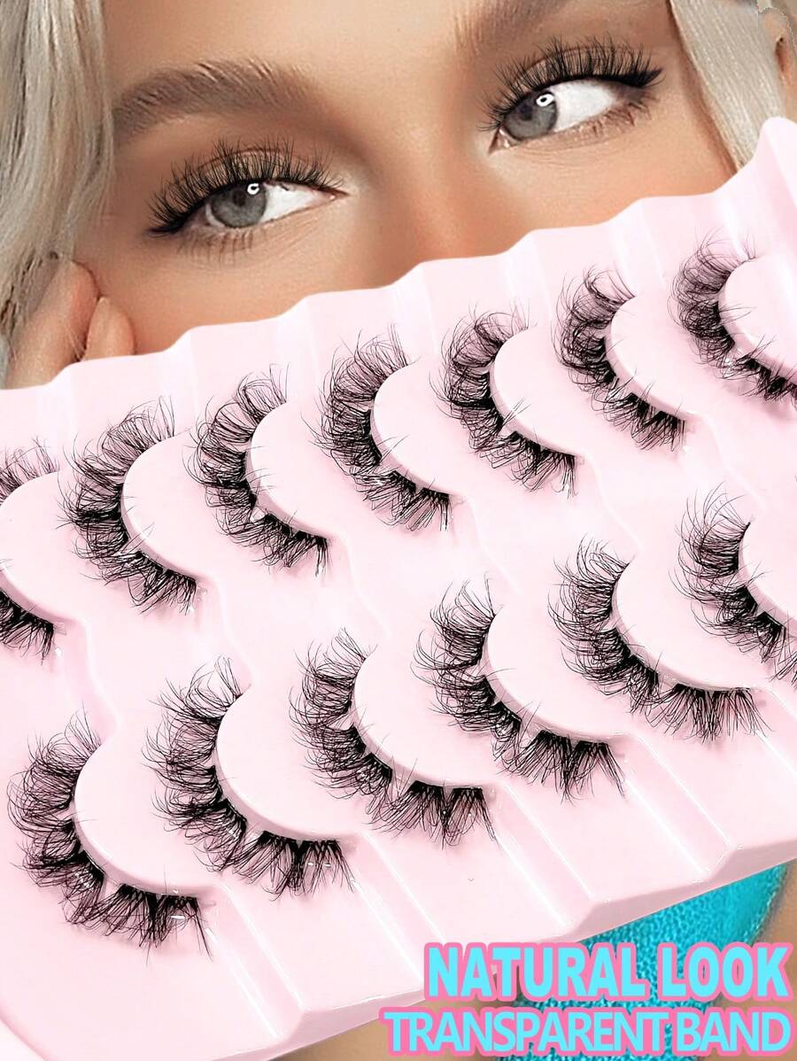 Asiteo 7 Pairs 3D Transparent False Eyelashes With Faux Mink Lashes, Fluffy Curly Cat Eye Lashes, Natural Looking Eyelash Extensions - 黑色 - 查看 1