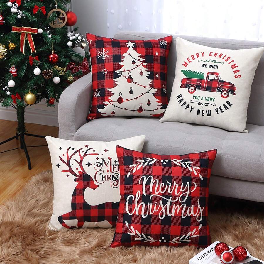 Adornos Navidad Cojines de Navidad Fundas para Cojines 45 x 45 cm Fundas de Almohada Navideñas Juego de 4 Navidad Fundas de Cojín Fundas navideñas para Cojines Funda de Cojín Decorativa - Rojo - Ver 1