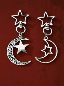 1 件銀色時尚鏤空星月造型鑰匙圈與包包吊墜