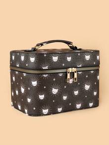 Cartoon Cat & Heart Embossed Makeup Bag - Black and White - View 5