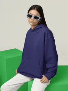 Plain Sweatshirt With No Print And Hood  2042 - Navy Blue - View 5