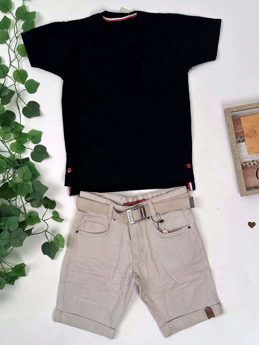 Young Boys Sets - Áo phông đen và quần short màu be - Xem 1