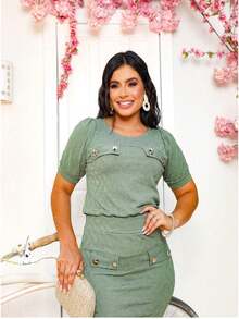 Conjunto De Blusa Y Falda Midi Social Femenino, Moda Evangélica - Verde Oliva - Ver 2