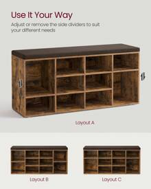 VASAGLE Shoe Bench With Cushion, Shoe Rack, Shoe Storage Bench With Padded Seat, Entryway Bench With 12 Compartments, Adjustable Shelves, For Bedroom, 11.9 X 40.9 X 18.9 Inches, White, Brown - 棕色 - 查看 6