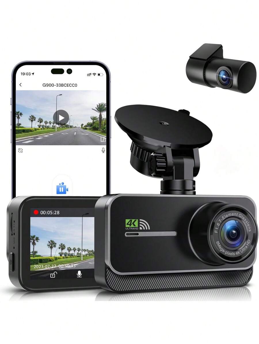 GMAIPOP Dash Cam for Cars Car Camera Dash Cam 4K WIFI Camera for Car Front and Rear Dash Camera Wifi Dashcam - Black - View 1