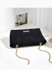 一件代发秋冬百搭简约拍照约会通勤金属蝴蝶结装饰纯色仿麂皮磁扣金属链条翻盖单肩腋下包方包女 - 查看 4