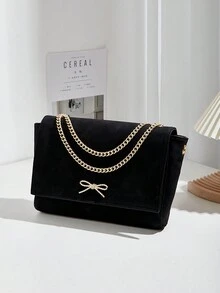 一件代发秋冬百搭简约拍照约会通勤金属蝴蝶结装饰纯色仿麂皮磁扣金属链条翻盖单肩腋下包方包女 - 查看 3