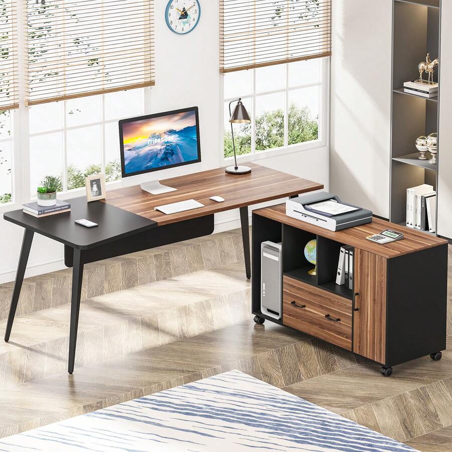 Tribesigns 70.8" Large Executive Desk And 47" File Cabinet, L Shaped Office Desk Business Desk Set, Computer Desk With Mobile Lateral Storage Cabinet - Coklat & Hitam - View 1