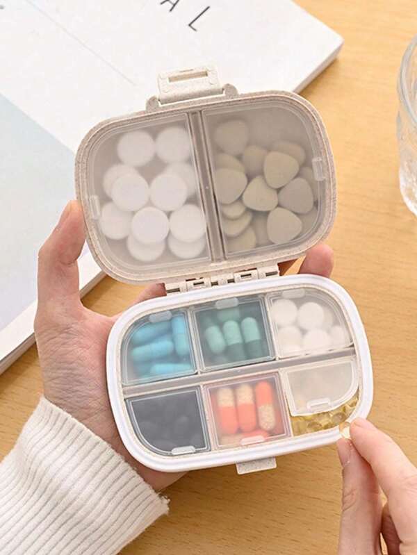 1pc 8-Slot Portable Sealed Pill Box, Moisture-Proof Weekly Medication Organizer, Pill Storage Box, Organize And Storage, Travel Accessories, Travel Essentials, Storage Container, Bathroom Organization, Beige - Regular Size