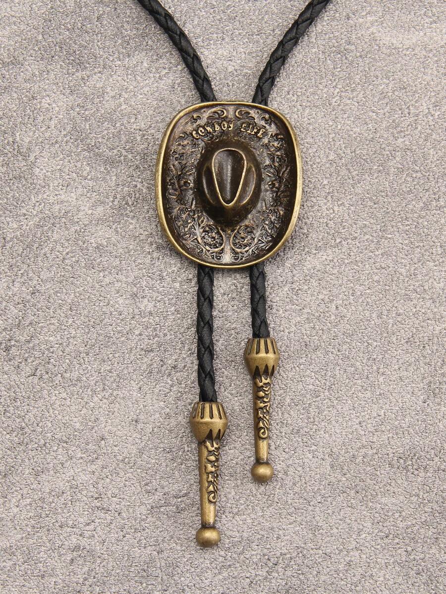 1入西部風格雕花和捲邊帽形合金墜飾項鍊,復古長皮革鏈女士飾品