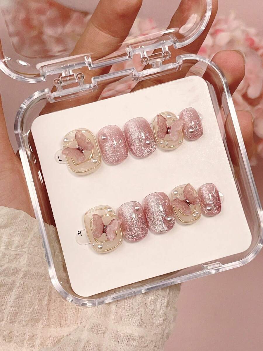 10 cái Ngắn Hình vuông Móng giả Với Sinh động Thiết kế con bướm , Pha trộn Của Trong sáng Tím Óng ánh Và Mắt mèo Màu sắc , Có thể tháo rời Và Có thể tái sử dụng Với Thạch Keo dính 1 Miếng Và Giũa móng tay 1 Miếng - Nhiều màu - Xem 1