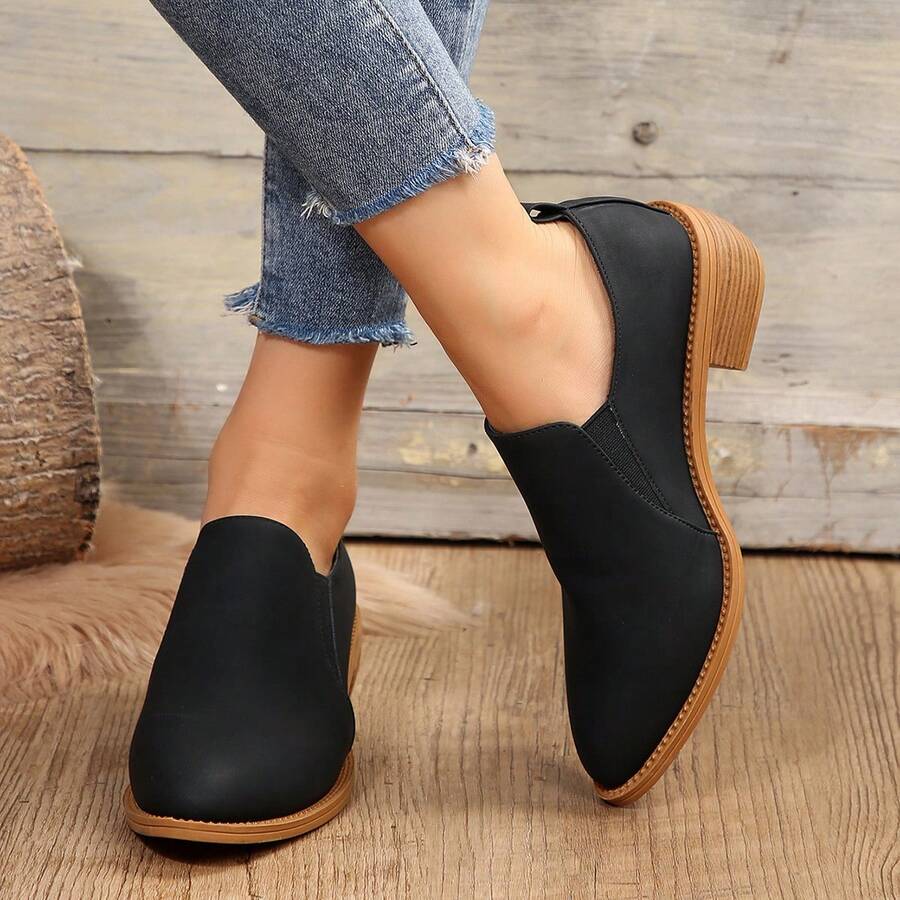 女復古高跟戶外經典皮革高跟鞋 - 黑色 - 查看 1