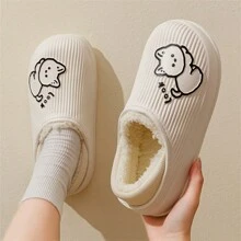 女士卡通貓設計毛絨冬季拖鞋,保暖,防滑,防水,帶有後跟套的室內外鞋
