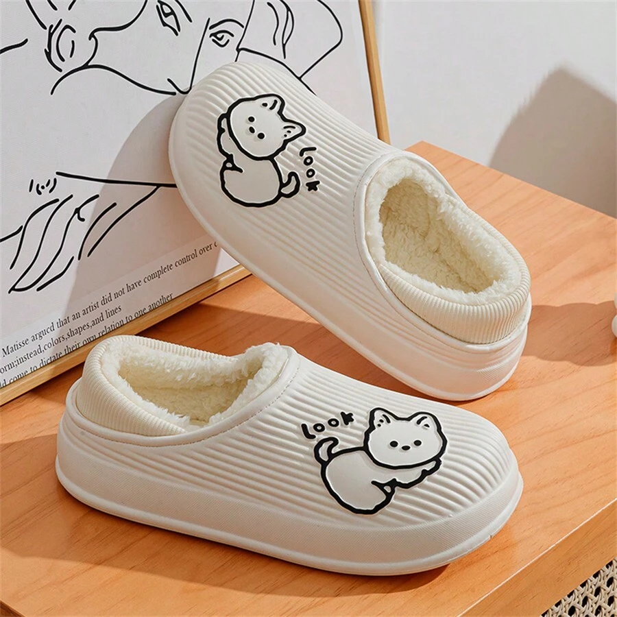女士卡通貓設計毛絨冬季拖鞋,保暖,防滑,防水,帶有後跟套的室內外鞋