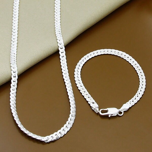 Conjunto de Colar 16/18/20/22/24 Polegadas e Pulseira de 8 Polegadas com Corrente Lateral Prateada de 6mm, Joia Fashion