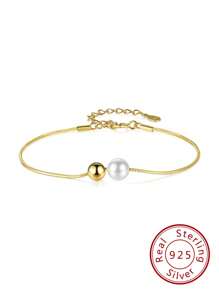 1 件珍珠手链 S925 银手饰球韩版简约时尚镀 14K 真金女士珠宝情人节结婚季