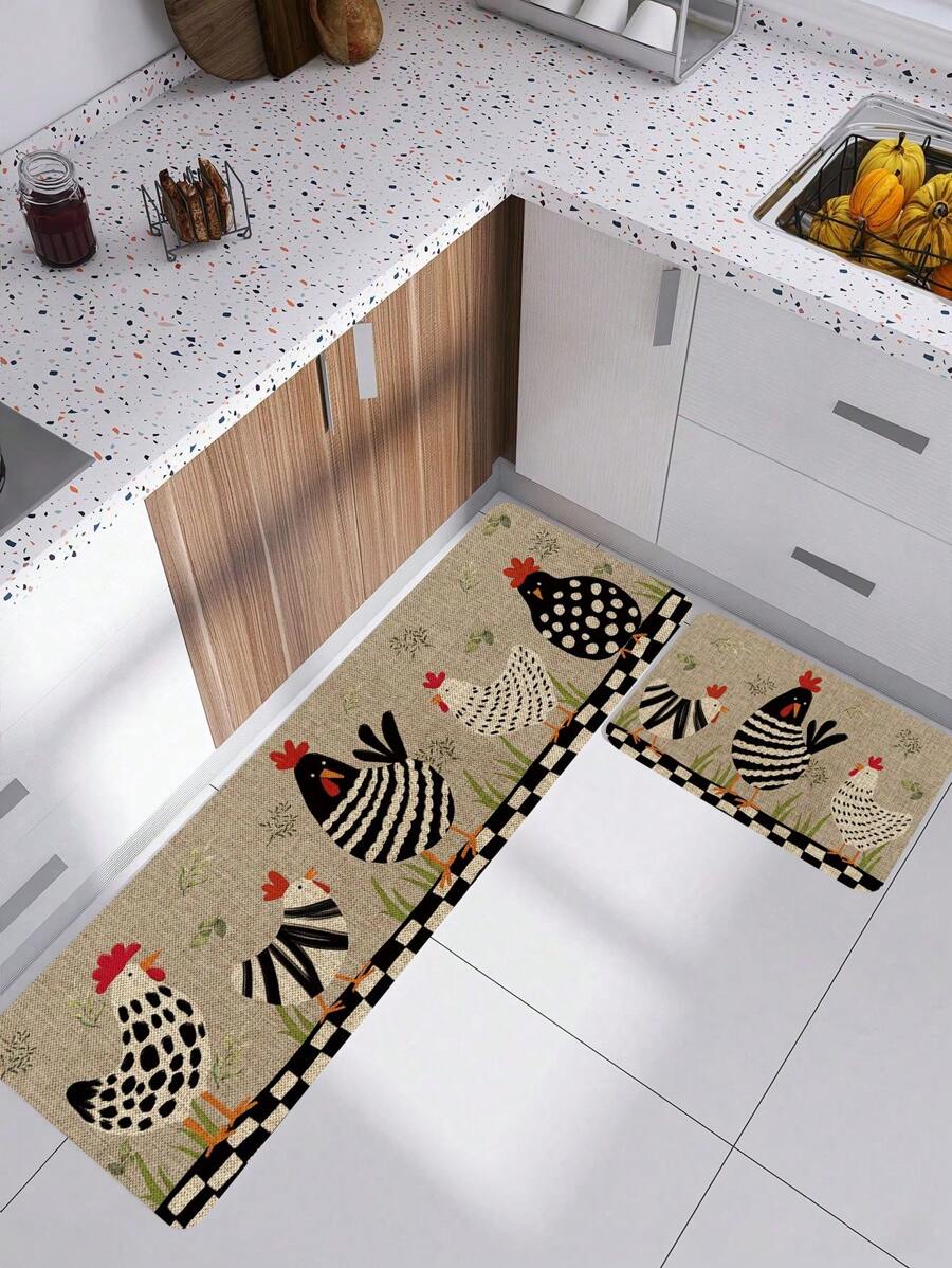 1pc Cute Chickens Floor Kitchen Mat, Modern Rooster Kitchen Rug, Rustic Non-Slip Colorful Indoor Carpet, Runner Rug, For Farmhouse Home Bathroom Bedroom Living Room Decor