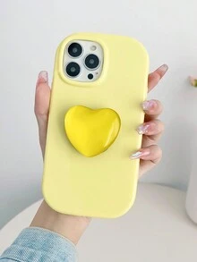 1pc Solid Glossy Hard Phone Case With Foldable Stand & Heart Shaped Design Compatible With IPhone - Yellow - View 2