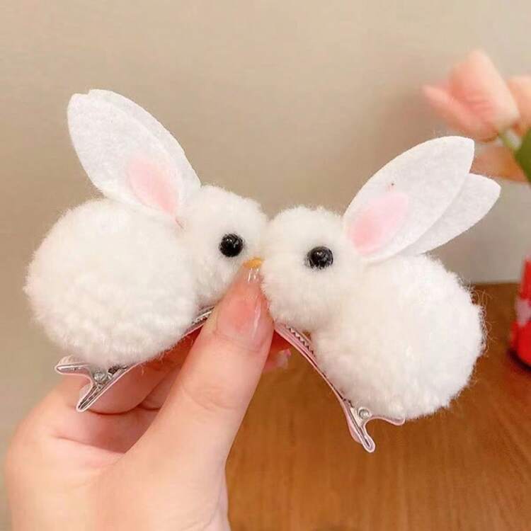 2pcs Baby Girls Cute Plush Rabbit Hair Clips, Princess Decorative Hair Accessories, Holiday Birthday Gift - White - View 2